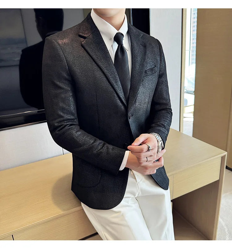 Vintage Suede Line Bronzing Striped Suit Coats 2025 Autumn New High Quality Men Slim Business Social Formal Suit Coats Tailcoat