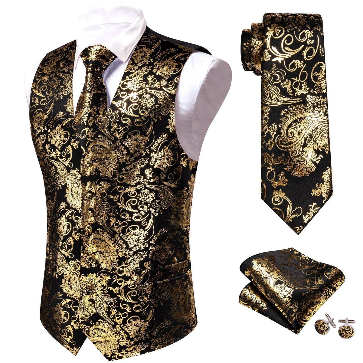 Men's Vest 4-Piece Set | Jacquard Paisley Floral Waistcoat with Tie & Pocket Square for Formal Events