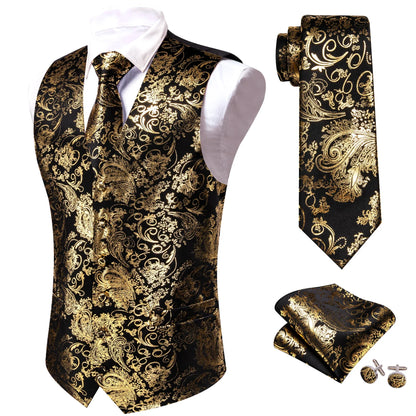 Men's Vest 4-Piece Set | Jacquard Paisley Floral Waistcoat with Tie & Pocket Square for Formal Events
