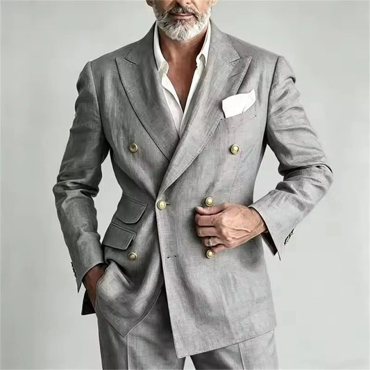Men's Linen Suit 2 Piece Casual Slim Fit Double Breasted Blazer Jacket Pants Summer Beach Wedding Party Business Daily Wear