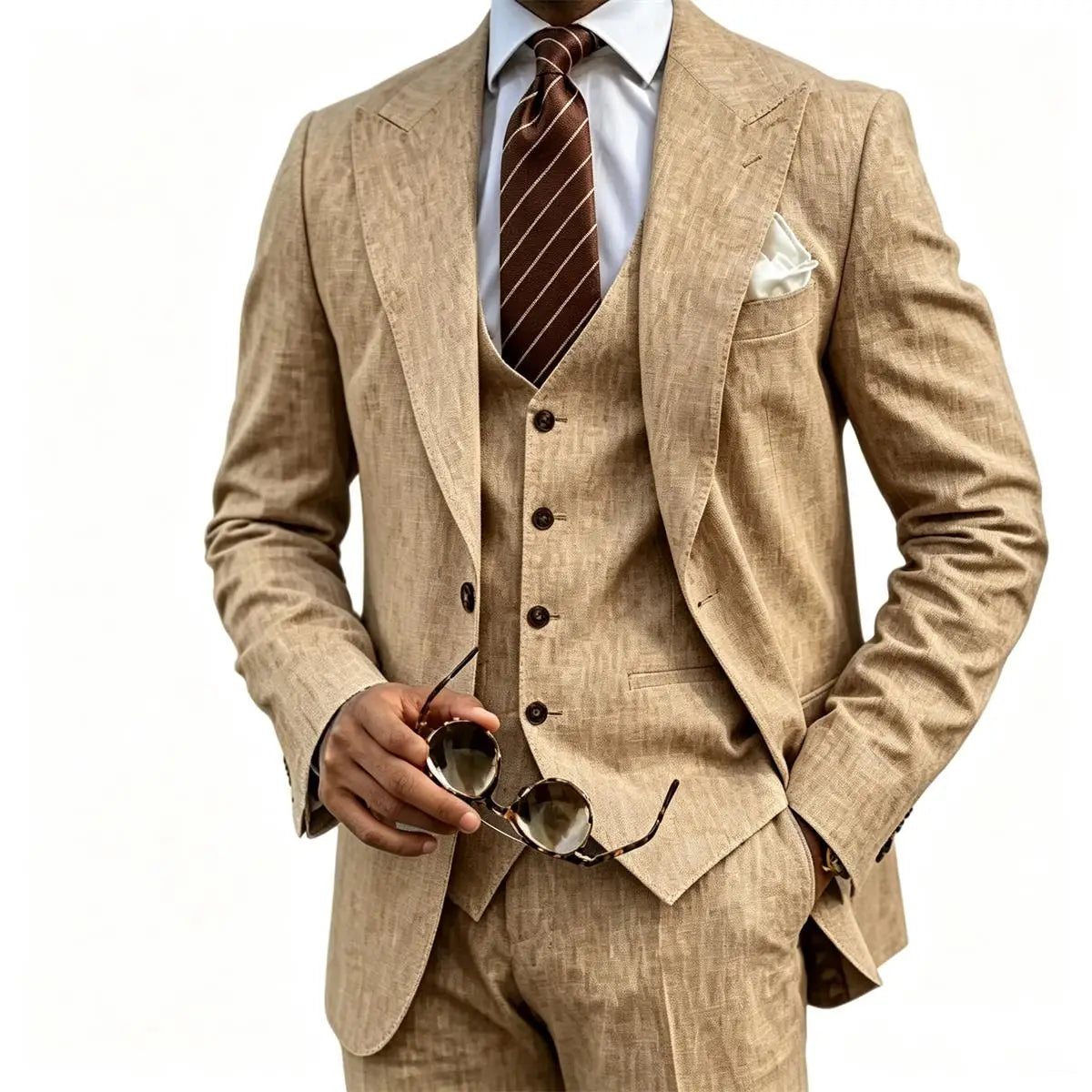 Men's Suit Customized 3 Piece Blazer Vest Pant Linen Set Full Man Terno Linen Suit Notched Lapel Casual Tuxedo Summer Wedding