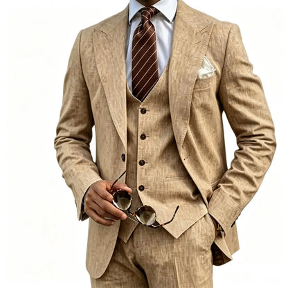 Men's Suit Customized 3 Piece Blazer Vest Pant Linen Set Full Man Terno Linen Suit Notched Lapel Casual Tuxedo Summer Wedding