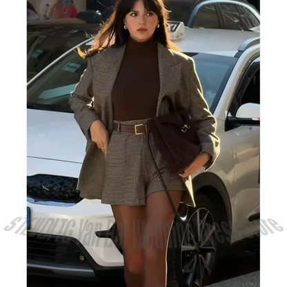 Hot Sale Women's Short Suit Set Brown Houndstooth Peaked Lapel Tailored Vintage 2 Piece Outfit High Street Elegant Casual Wear