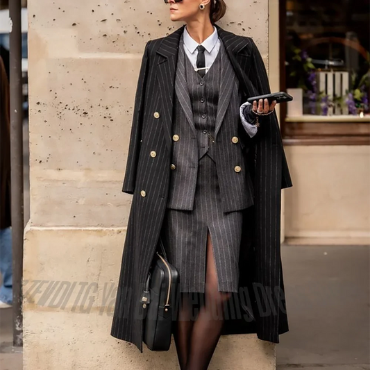 Classic Striped Skirt Suit for Women Tailored Made Notch Lapel Double Breasted Knee Length High Quality Female Luxury Outfit