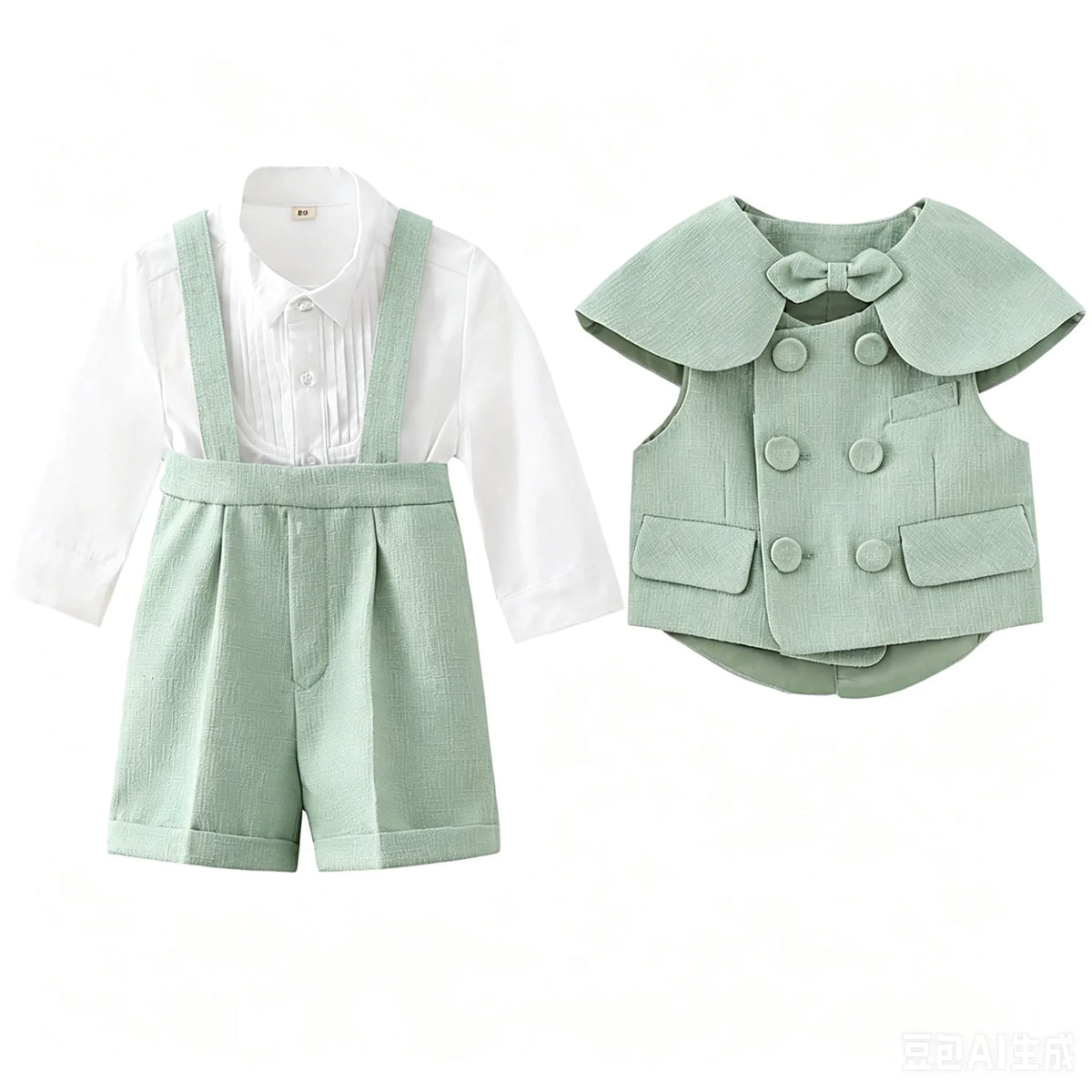 6Pcs Toddler Baby Boy Suit Light Green Waistcoat Shorts Bow Shawl Hat Kids Gentleman Outfit For Birthday Wedding Photo Shoot