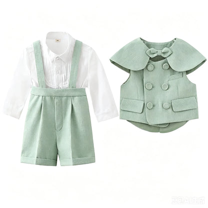 6Pcs Toddler Baby Boy Suit Light Green Waistcoat Shorts Bow Shawl Hat Kids Gentleman Outfit For Birthday Wedding Photo Shoot
