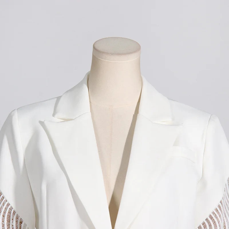 Spring Autumn New Women Blazer Hollow Out Sheer Lace Patchwork Single Breasted Long Sleeves Trend Elegant Sexy Coat HK18271