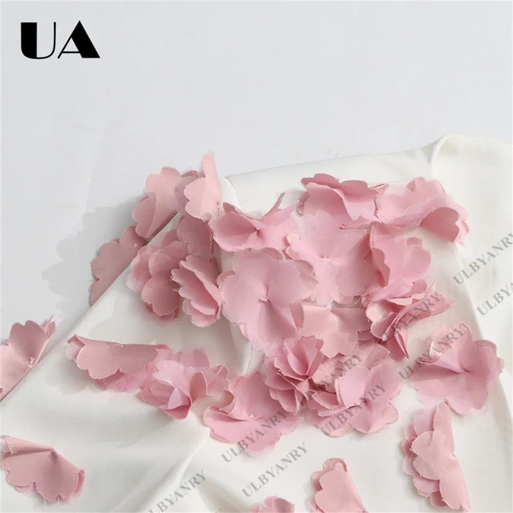 White Wrap Blazer with 3D Pink Floral Appliqué and Tie Waist for Wedding Garden Party Ethereal Romantic Outfit