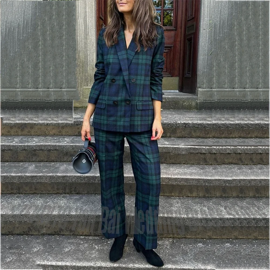 Vintage Plaid Women Blazer Pants Set Double Breasted Straight Fit Two Piece Outfit Casual Office Business Suit Formal Wear
