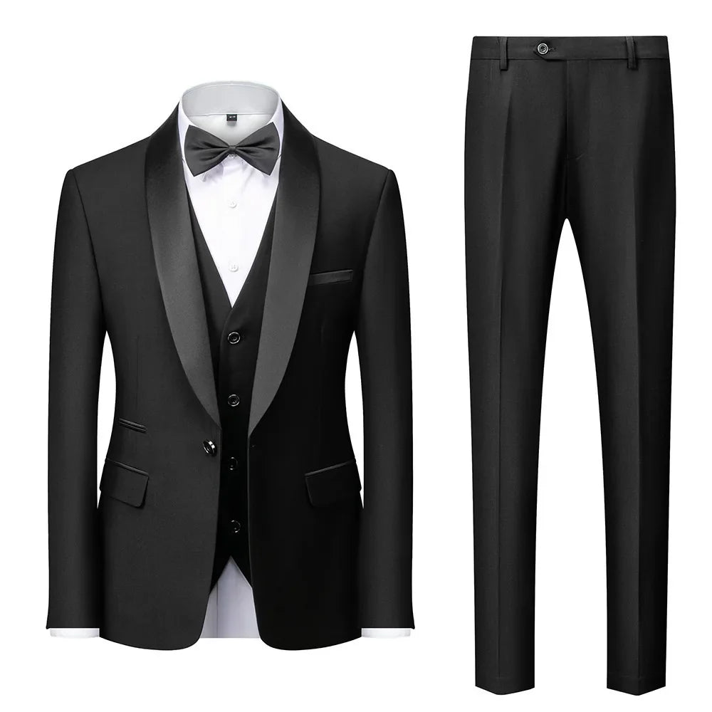Men's black 3-piece slim fit elegant formal casual 3-piece set jacket vest pants business wedding dance regular sports jacket
