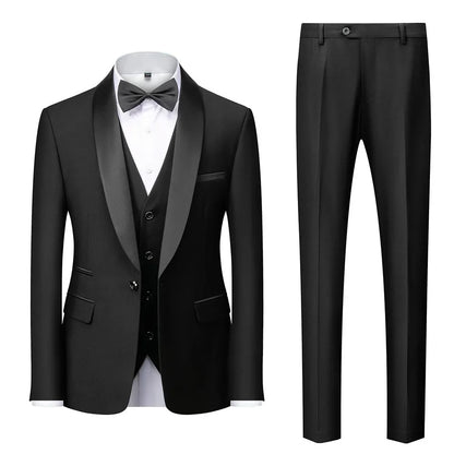 Men's black 3-piece slim fit elegant formal casual 3-piece set jacket vest pants business wedding dance regular sports jacket