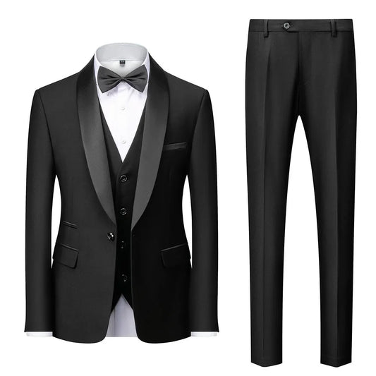 Men's black 3-piece slim fit elegant formal casual 3-piece set jacket vest pants business wedding dance regular sports jacket