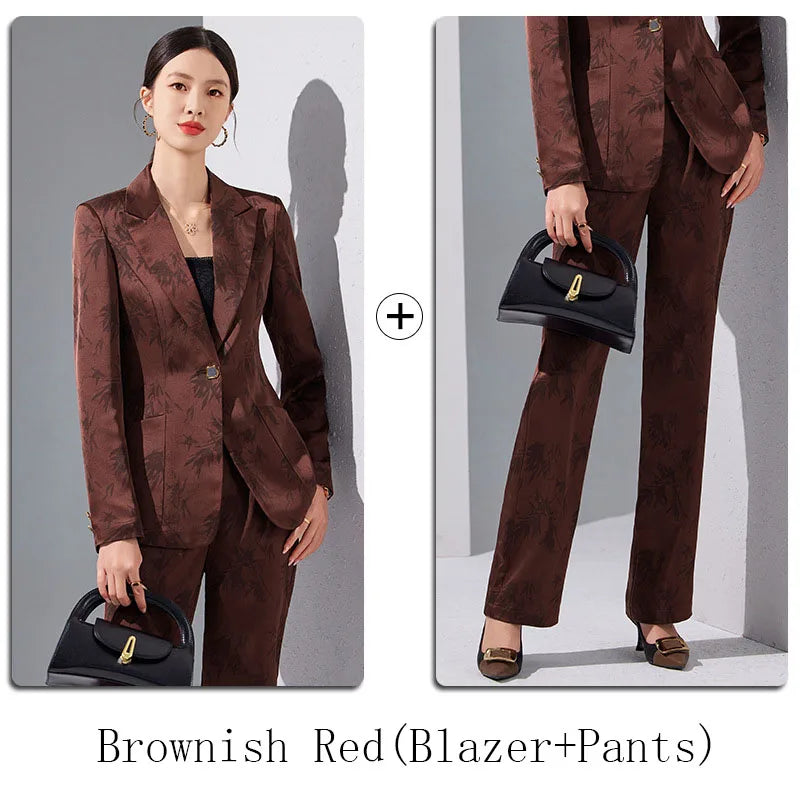 Two-Piece Leaf Print Blazer Pantsuits Set for Women Office Ladies Business Single Buttons Formal Spring Autumn Trousers Suit