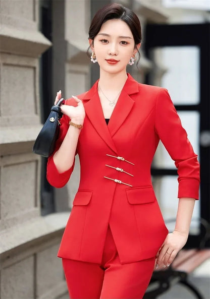 2025 Fashion White Red Black Blazer Jacket And Pant Suit Trousers Women Female Office Ladies Work Wear Formal 2 Piece Set