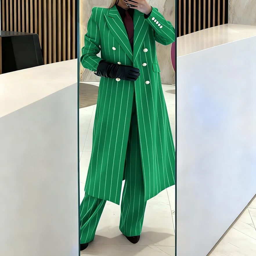 Burgundy Women's Suits Pinstripe Double Breasted Peaked Lapel Long Coat+Pants Set Elegant Formal Office Evening Party Outfit