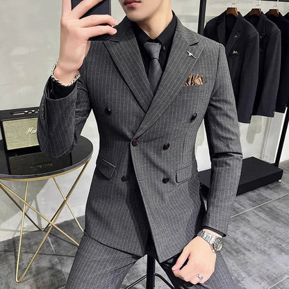 Men's Double-Breasted 2-Piece Suit – Classic Striped, Wedding & Business