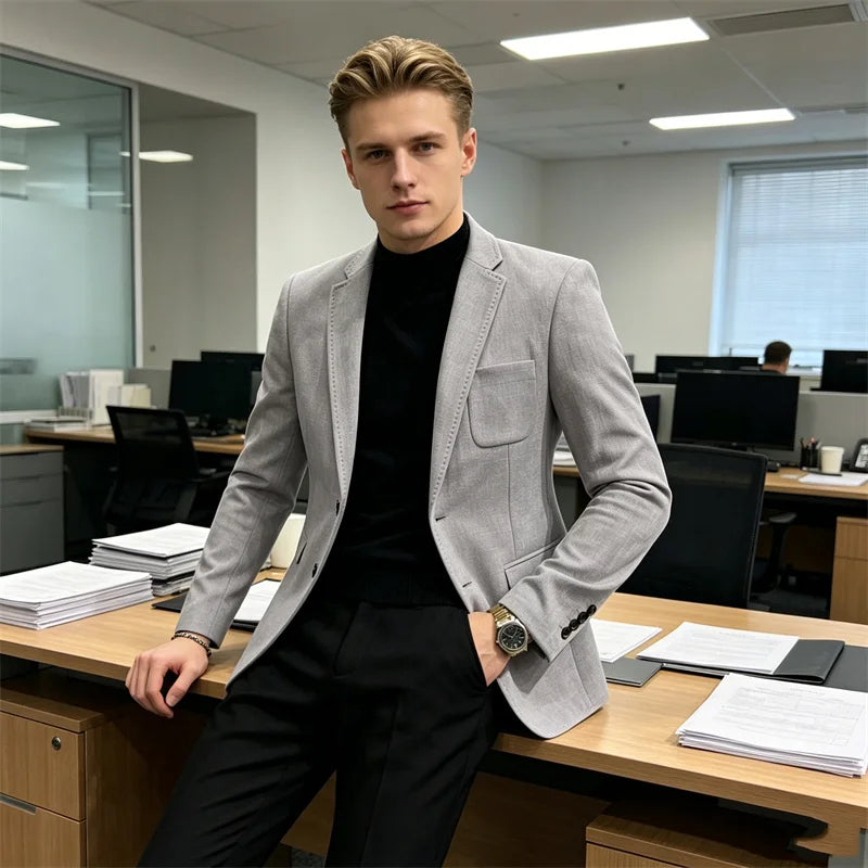 Mens Blazer Linen Blend Notched Lapel 1 Button Slim Fit Stitched Edge Patch Pockets Business Casual Daily Soft Breathable Jacket