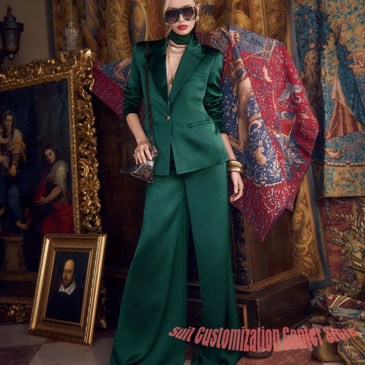 Chic Women's Green Stain Clothes Single Button Peaked Lapel 2Piece Suit Set Elegant Jacket+Pants for Office or Evening Occasions