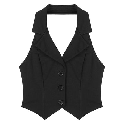 Womens Fashion Vest Shirts Separate Waistcoat Crop Tops Lapel Halter Backless Button Down Pointed Hem Vest for Party Formal Wear