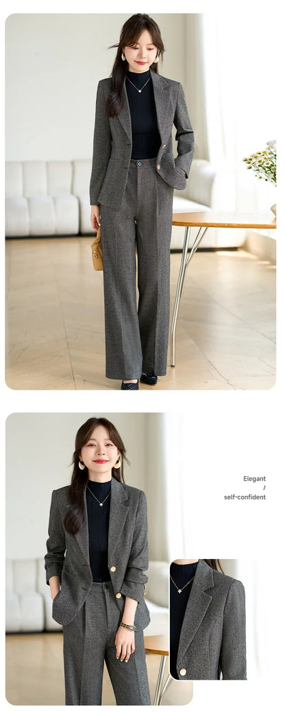 High Quality Fabric Velvet Autumn Winter Women Business Work Wear Suits Pantsuits Formal OL Styles Professional Trousers Set