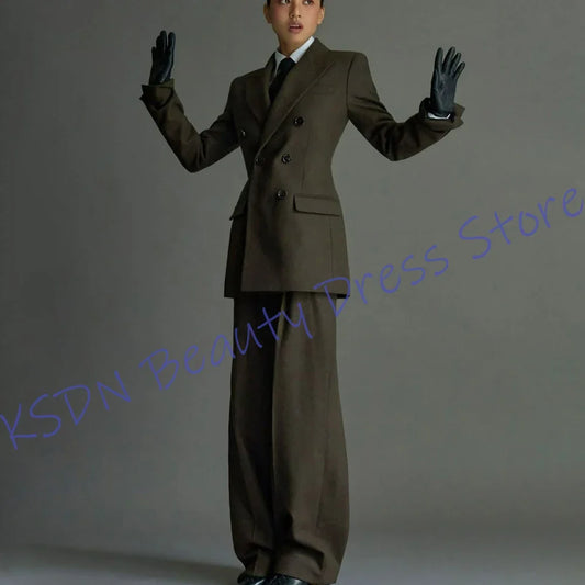 Women's Double-Breasted Clothes Two Piece (Jacket+Pants) Set Vintage Professional Office Lady Blazer Formal Evening Party Wear