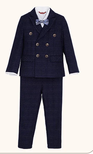 kids Gray Plaid Suit Set Flower Boys Wedding Outfit Children's 4Pieces Formal Wear With Jacket Vest Pants Bowtie