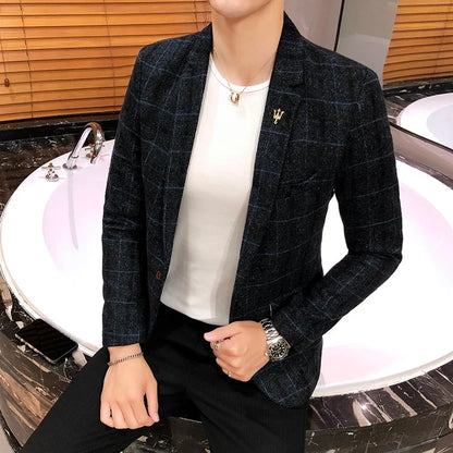 2025 New Men's Casual Plaid Suit Jacket Male Linen Plaid Business Self-cultivation Wedding Dress Party Suit Coat Plus Size S-5XL