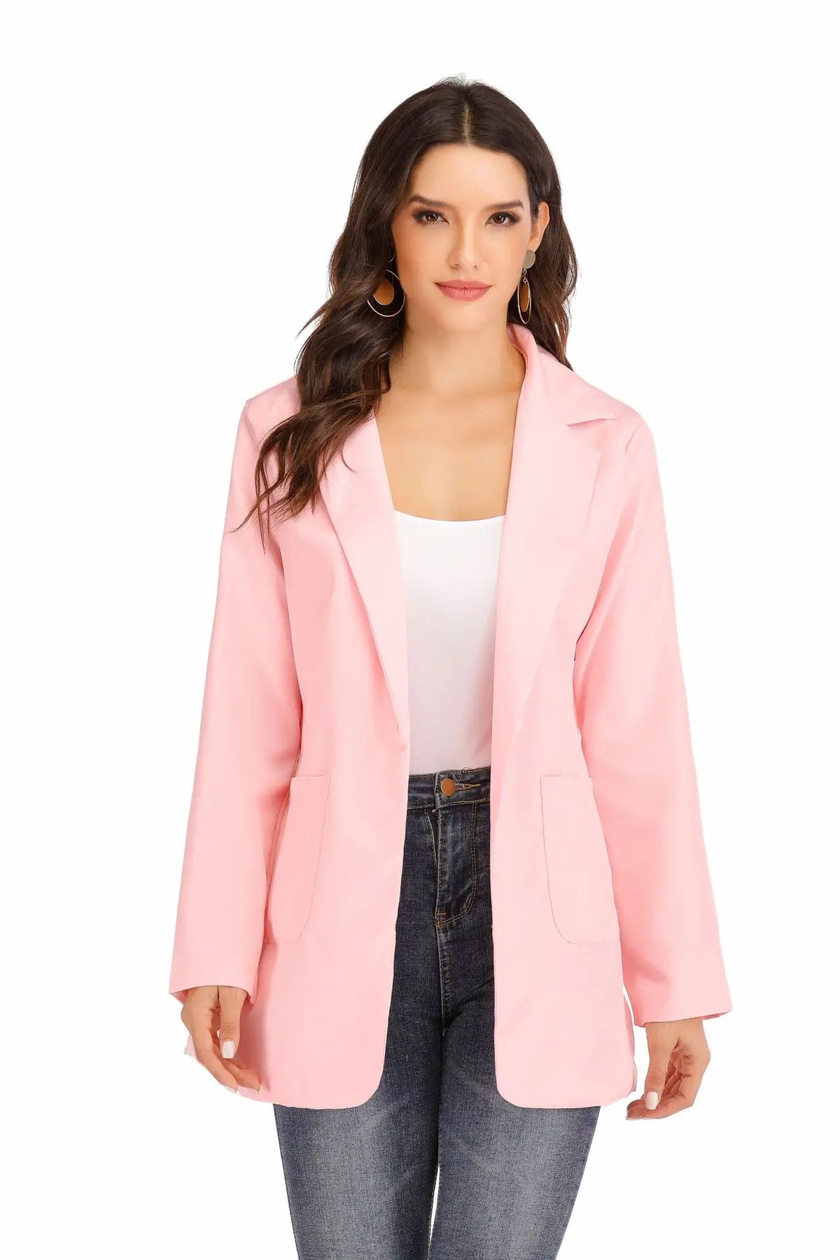 Women's Casual Blazer Notched Lapel Long Sleeve Open Jacket with Pockets Slim Fit Spring Autumn Office Lady Streetwear Coat