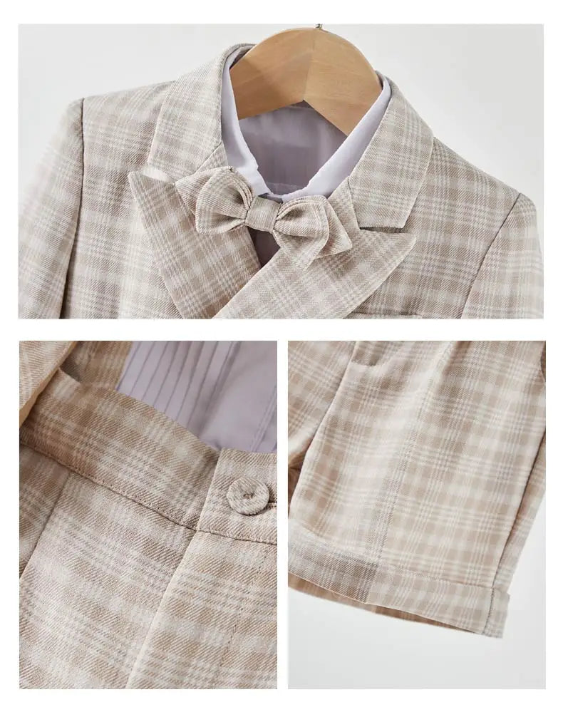 Plaid Suit Set for Boys Formal Blazer Toddler Gentleman Shorts BowTie Perfect for Wedding Birthday Baptism Party Dress Outfit