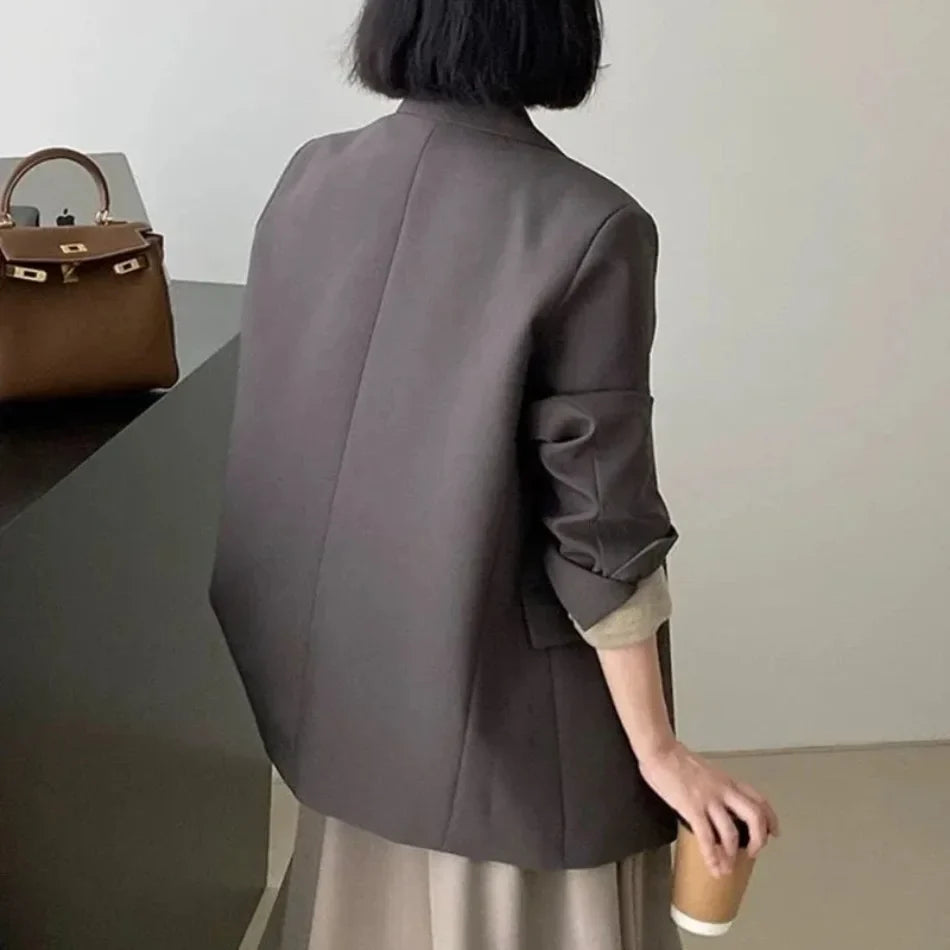 Spring Autumn Elegant Grey Women Blazer Jacket Long Sleeve Single Button Blazers for Women Office Loose Chic Women's Clothing