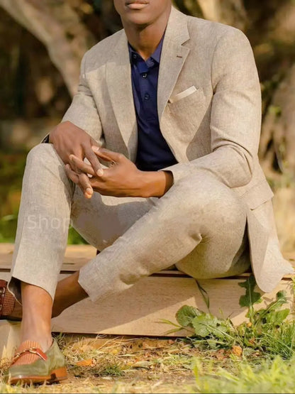 Beige Linen Suit for Men Summer 2 Pieces Slim Fit Formal Wedding Prom Tuxedos Set Best Man Groom Costume Homme New Design Suits
