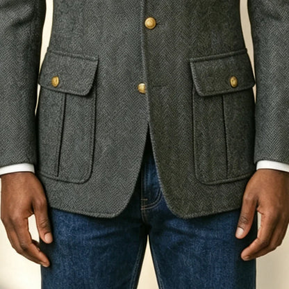 Mens Grey Herringbone Woollen Safari Suit Jacket 1 Piece Single Breasted Wedding Blazer Prom Banquet Formal Gentleman Outerwear
