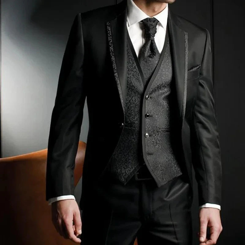 Black Jacquard Slim Fit Wedding suits for Groom 3 Piece Man Fashion Suits Jacket Waistcoat with Pants Notched Lapel Male jacket