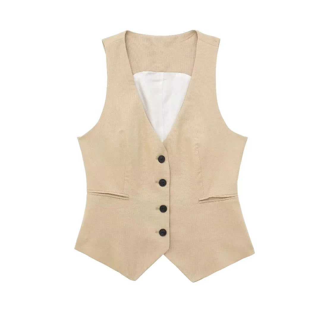 Fashion Women's Vest Linen Sleeveless Suit Vest Coat for Women Autumn Korean Female Black White Suit Vest Top