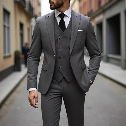 Solid Business Mens Suits Wedding Tuxedos Fashion Groom Outfit Slim Fit Peaked Lapel Prom Party Mens Suits(Jacket+Vest+Pants)