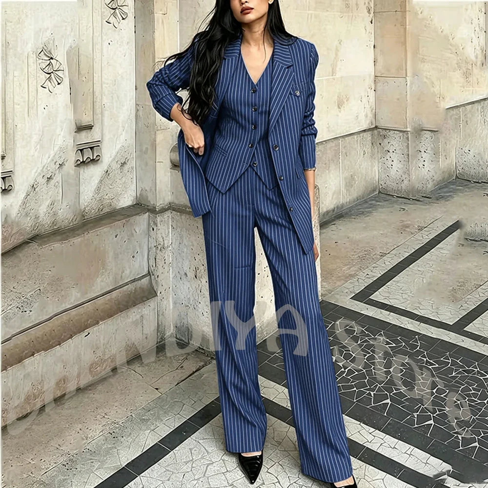 Tailor-Made Striped Suit For Women High Quality Peaked Lapel Single Breasted Three Piece Business Office Lady Formal Outfit