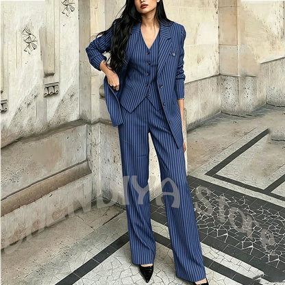 Tailor-Made Striped Suit For Women High Quality Peaked Lapel Single Breasted Three Piece Business Office Lady Formal Outfit