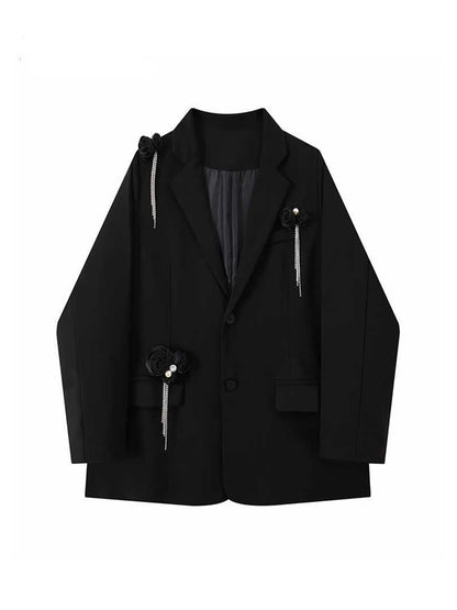 Women Black Gothic 3D Floral Blazer Coat Vintage Streetwear Harajuku Emo 2000s Long Sleeve Suit Jacket Outerwear Clothes Autumn