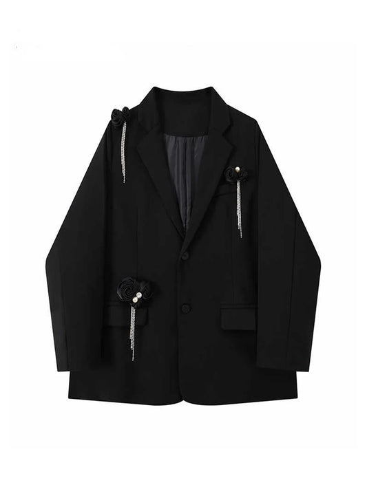 Women Black Gothic 3D Floral Blazer Coat Vintage Streetwear Harajuku Emo 2000s Long Sleeve Suit Jacket Outerwear Clothes Autumn