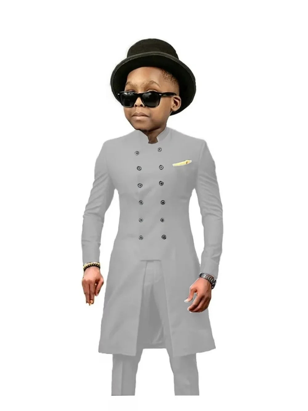 African Stand Collar Kids Long Suit Set 2 Pieces Wedding Guest Outfit Double Breasted Boys Formal Tuxedo Birthday Party Wear