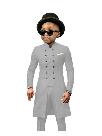 African Stand Collar Kids Long Suit Set 2 Pieces Wedding Guest Outfit Double Breasted Boys Formal Tuxedo Birthday Party Wear