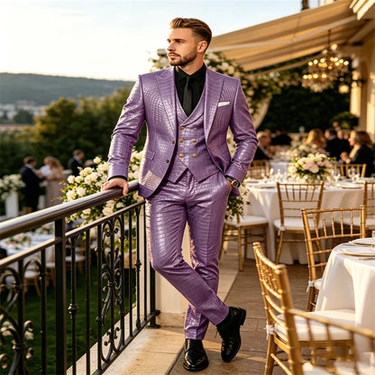 Men's 3 Piece Suit Crocodile Pattern Prime PU Leather Single Breasted Gold Buttons Slim Fit Wedding Dinner Party Formal Outfit ﻿