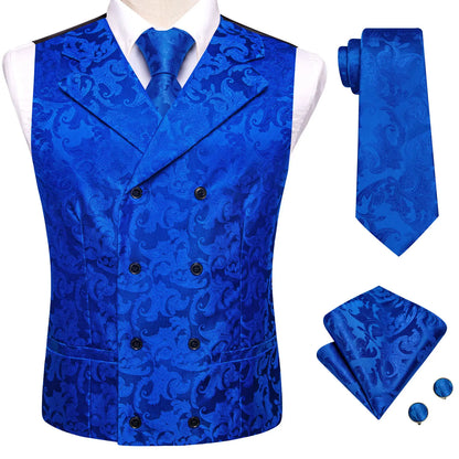 Men's Double Breasted Vest Set – Floral Jacquard Waistcoat with Tie, Pocket Square & Cufflinks for Weddings & Formal Events