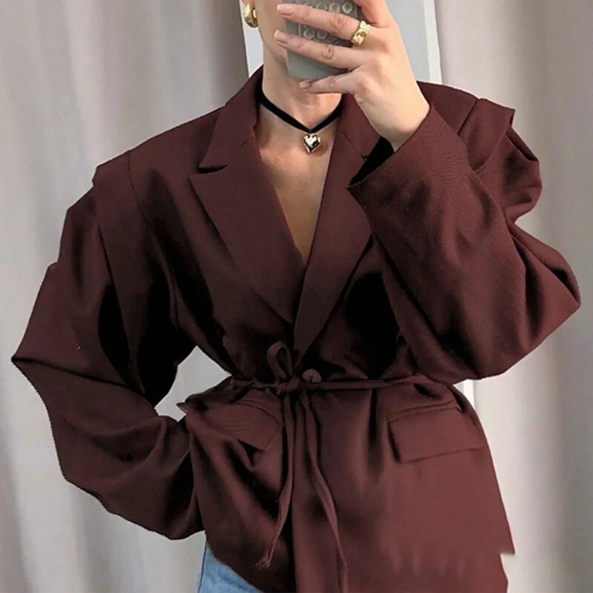Spring Autumn Fashion Women's Pure Color Belted Shoulder Pad Suit Coat Commute Style Loose Fit Long Sleeve Regular Length