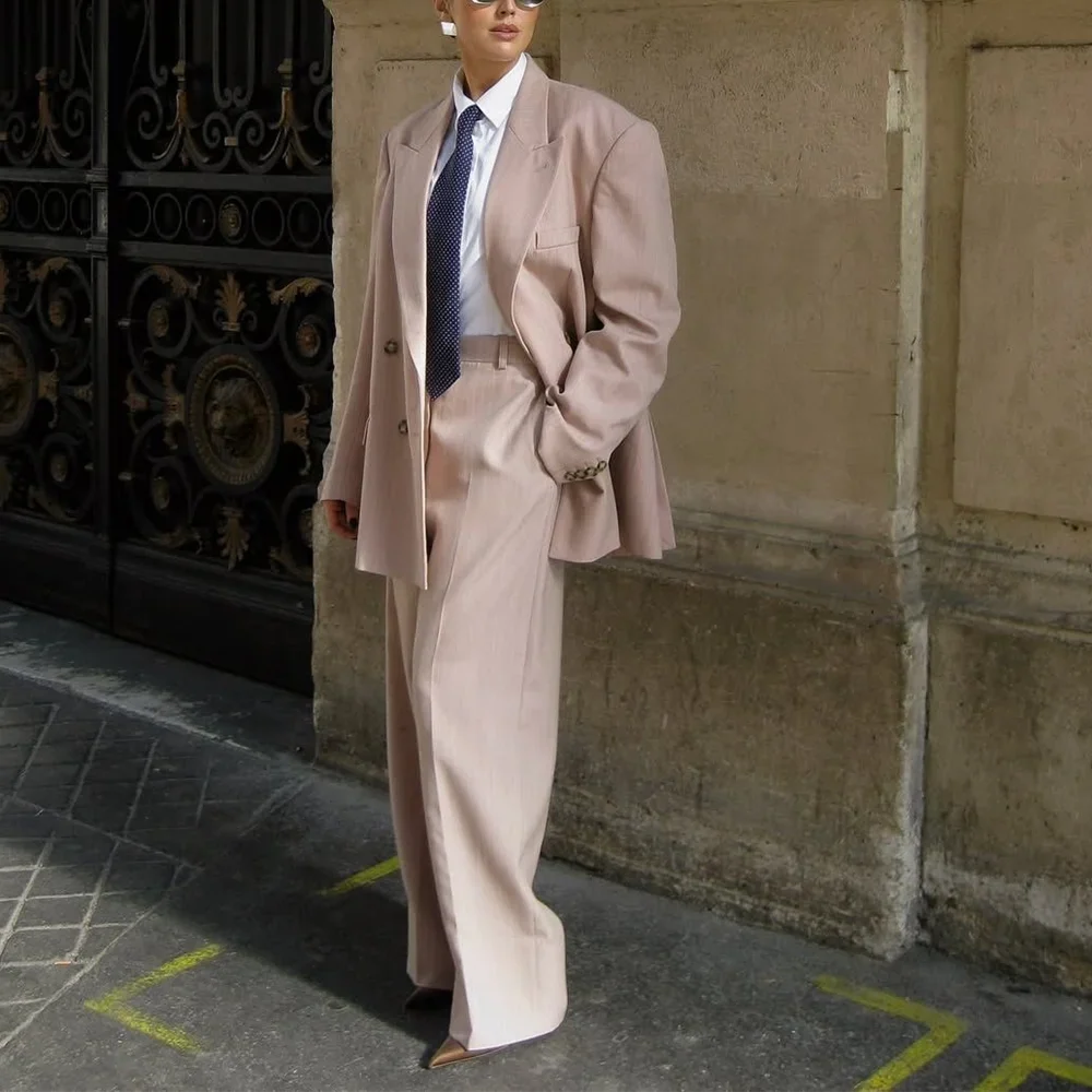 Customized Women's Suits Loose Fit 2 Piece Double Breasted Peak Lapel Smart Casual Outfit Business Office Female Daily Set