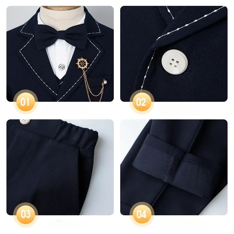 Gentlman Boys Formal Wedding Suit Set Kids Blazer Vest Pants Bowtie Brooch 5Pieces Clothes Set Children's Performance Costume
