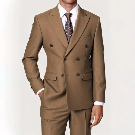 Men Suit 2 Pieces Brown Double Button With Lapel Solid For Wedding Groom Banquet Party Business Work Daily Set Jacket And Pants