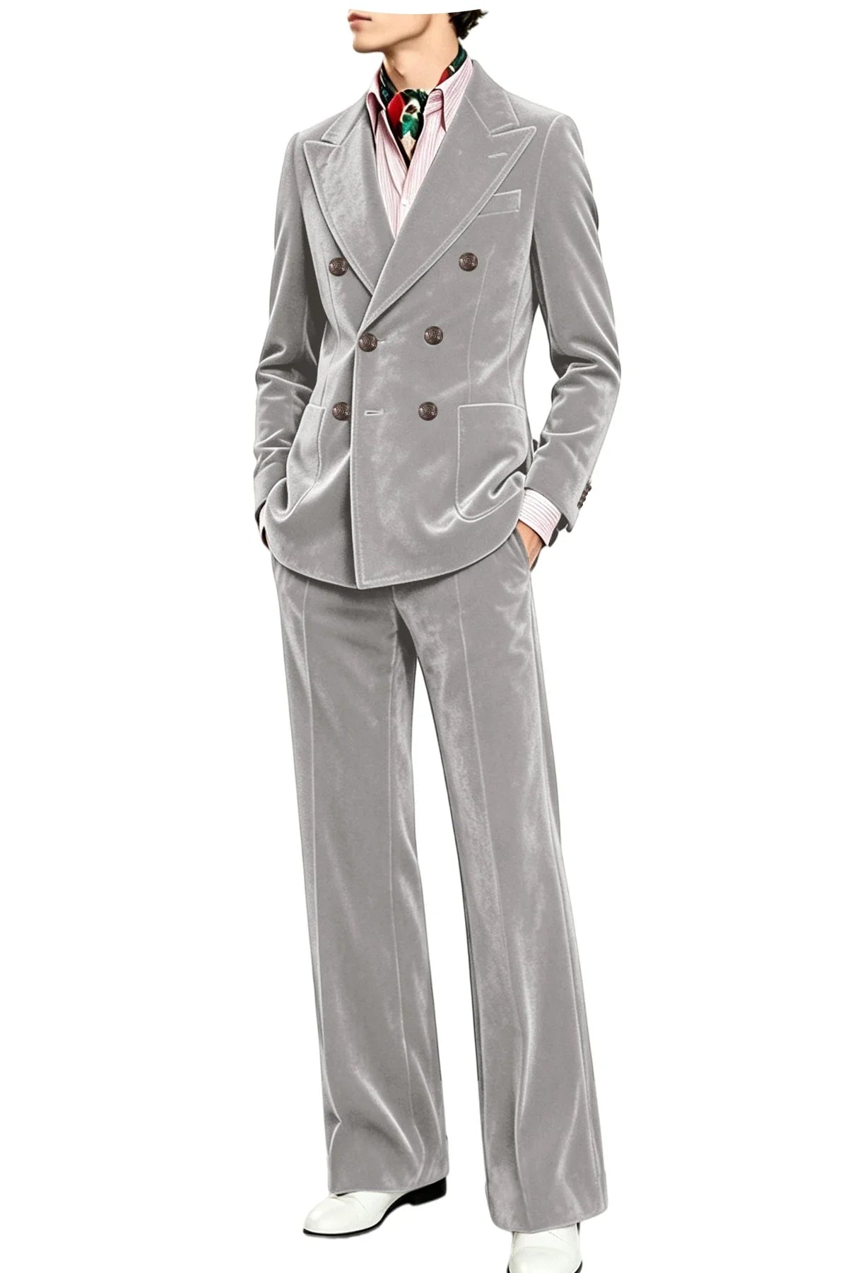 Men's Velvet Suit 2 Piece Double Breasted Peak Lapel Blazer & Straight Leg Pants for Formal & Wedding