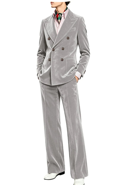 Men's Velvet Suit 2 Piece Double Breasted Peak Lapel Blazer & Straight Leg Pants for Formal & Wedding