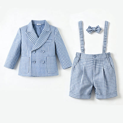 Toddler Baby Boy Checked Formal Suit Set 3 Pcs  Blazer Suspender Short Infant Gentleman Clothes For Wedding Birthday Photography